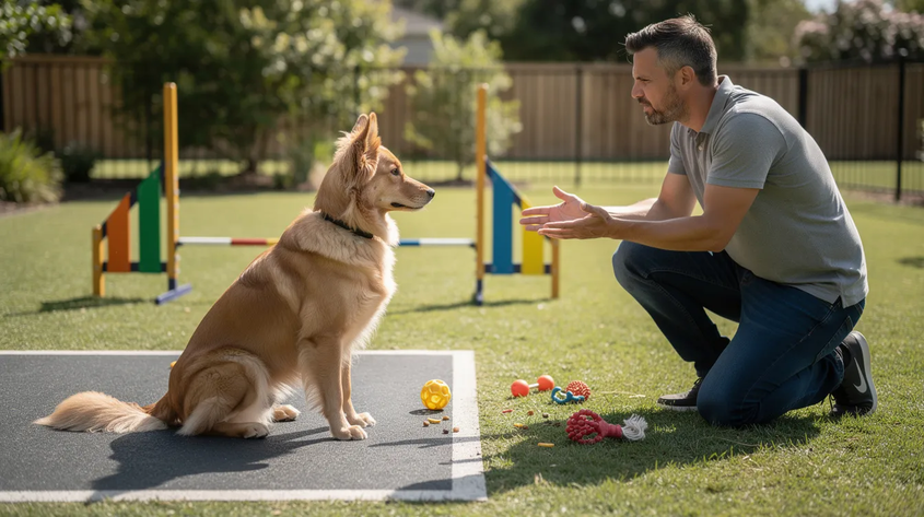 Best Impulse Control Games for Dogs: Expert Training Guide 3 A dog in a calm down position on the floor, patiently waiting for a treat while an owner holds an open hand with a toy nearby. This scene illustrates advanced impulse control training, showcasing the dog's ability to resist excitement and maintain self-control in a fun game environment.