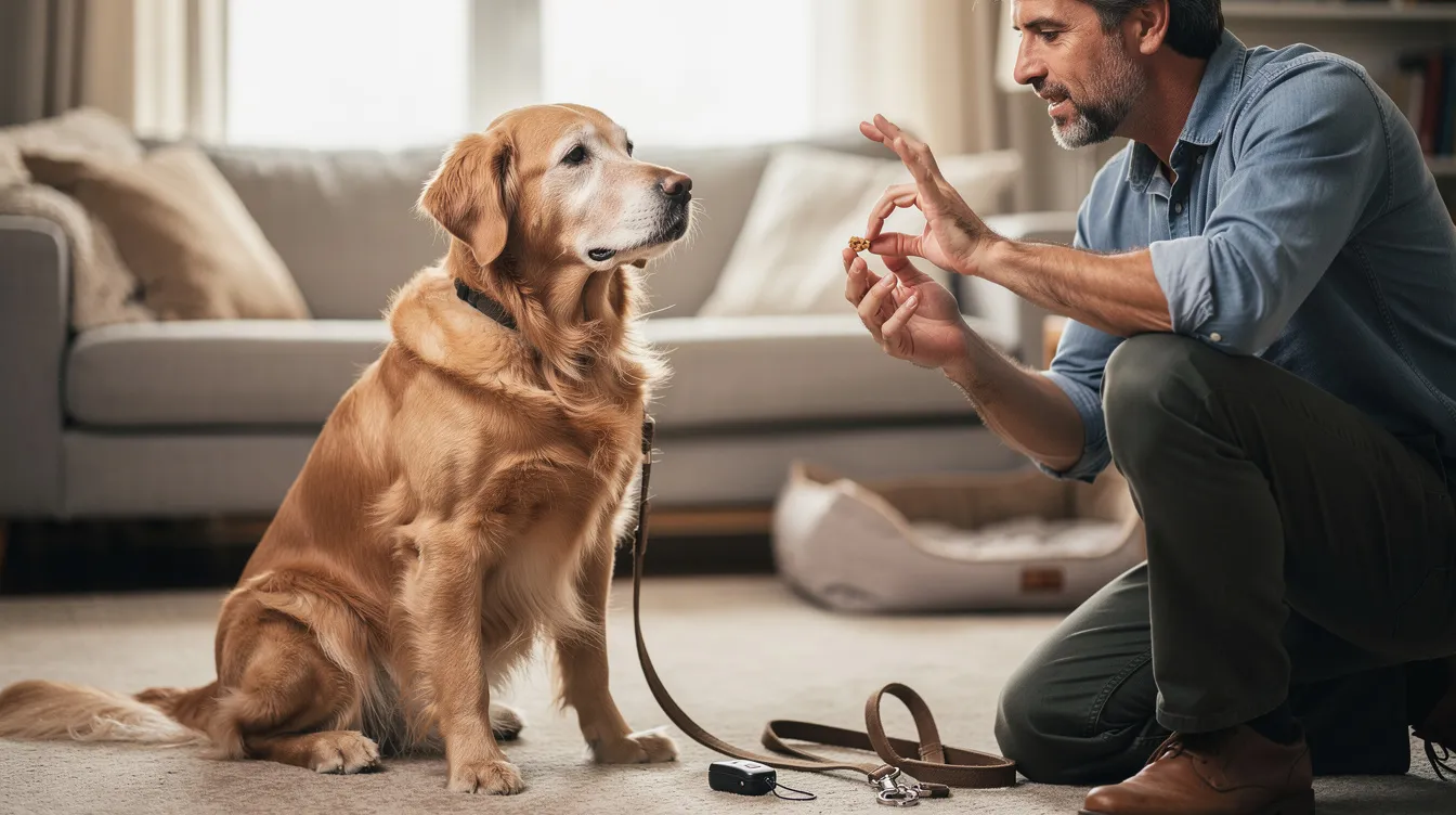 Can Old Dogs Learn New Tricks? A Complete Guide to Senior Dog Training 2 The image depicts an older dog engaging in a playful training session with its owner, showcasing the concept of "Can Old Dogs Learn New Tricks?" The scene highlights the bond between them as the owner patiently directs the senior dog to perform simple tricks, demonstrating that mature dogs can enjoy mental stimulation and learn new skills at any age.