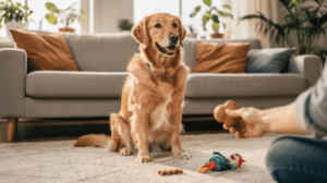 A dog is lying in a calm down position on a soft rug, patiently waiting for a treat held in an open hand by its owner, demonstrating impulse control during training. The scene captures the essence of dog training, showcasing the bond between the dog and person as they practice self-control and reward-based learning.
