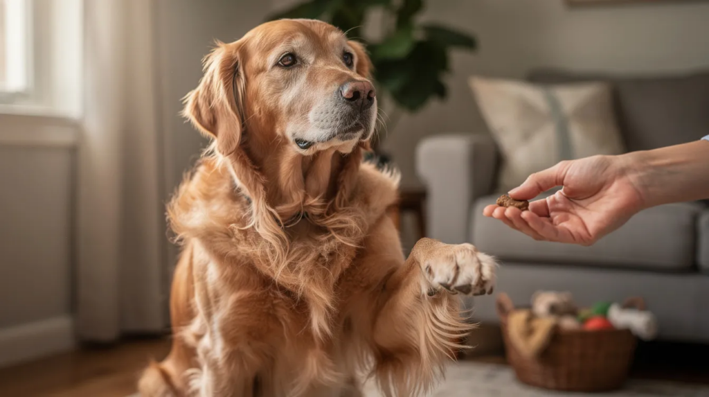 Can Old Dogs Learn New Tricks? A Complete Guide to Senior Dog Training 1 A senior dog, with a few creaky joints, engaging in a playful training session with its owner. The dog is attentively following the owner's hand signals, demonstrating that even older dogs can learn new tricks and enjoy mental stimulation through fun activities.