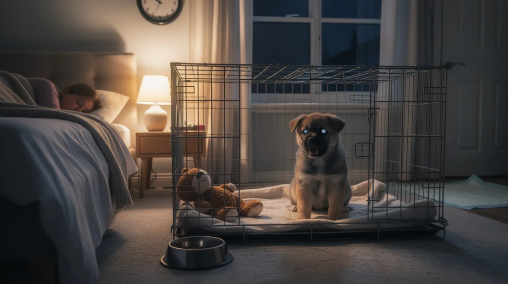 Why Puppies Cry at Night: A Complete Guide to Peaceful Sleep 2 A young puppy is curled up in a cozy dog bed, looking distressed and crying softly in a dimly lit room, surrounded by soft bedding and a few toys. This scene captures the common struggles of new puppy owners during the first few nights as the furry friend adjusts to its new environment and experiences feelings of loneliness.