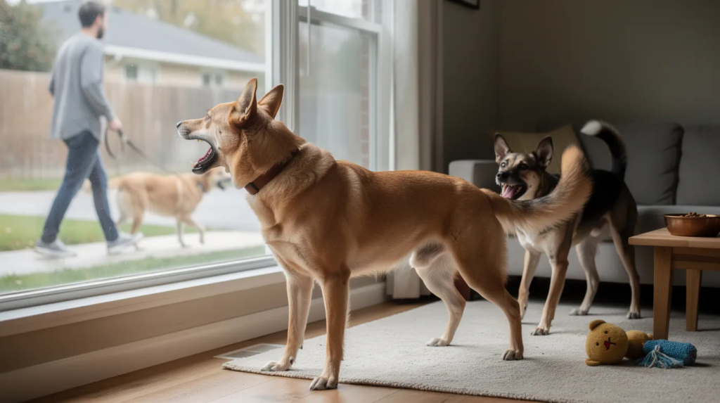 Redirected Aggression in Dogs: Understanding, Prevention, and Safe Management 2 Two dogs exhibiting signs of redirected aggression, with one dog showing intense focus and defensive body language while the other appears startled. This scenario illustrates how territorial aggression can escalate due to perceived threats, highlighting the importance of understanding canine behavior to prevent future incidents.