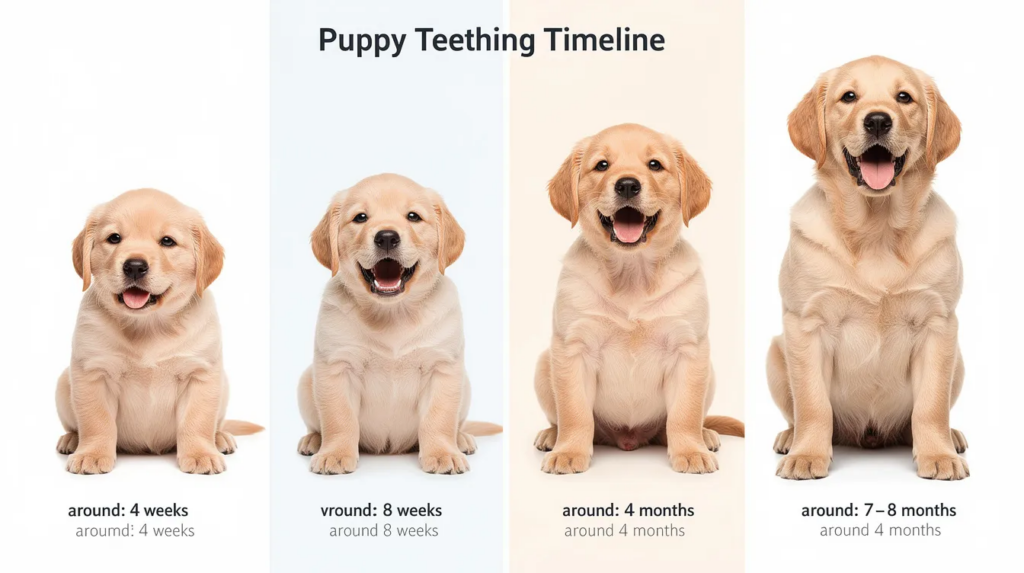 Puppy Teething Timeline: Complete Guide to Ages, Stages, and What to Expect 2 A teething puppy, showcasing its developing teeth at various stages, including baby teeth and adult teeth. The puppy's expression reflects the discomfort of teething, with swollen gums and a selection of appropriate chew toys nearby to help soothe its sore gums.