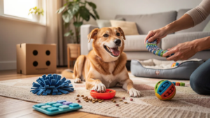 A happy dog is engaged in various enrichment activities, including sniffing through a cardboard box filled with treats and playing with a puzzle toy. The scene showcases the dog's natural behaviors and the importance of mental stimulation and physical exercise for its well-being.