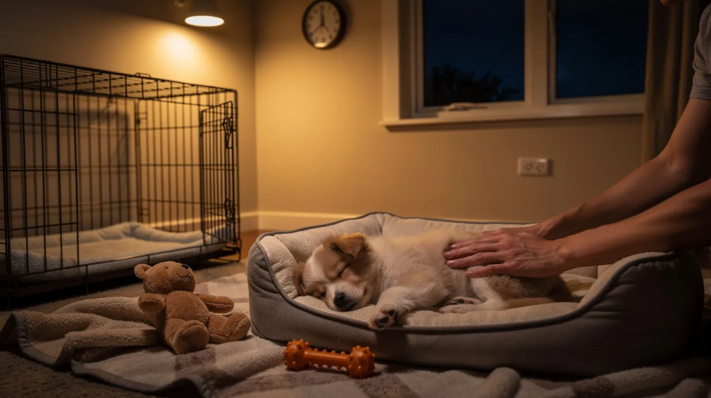 Why Puppies Cry at Night: A Complete Guide to Peaceful Sleep 3 A young puppy is curled up in a cozy dog bed, surrounded by soft bedding and a few toys, while a faint light illuminates the room. The scene captures the essence of a new puppy's first few nights at home, evoking feelings of comfort and reassurance as it settles into its safe space, despite the potential for crying due to separation anxiety.