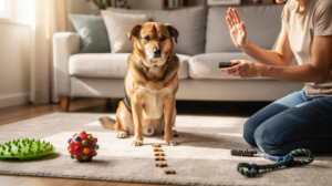 A dog in a calm "down position" on the floor, attentively waiting for a treat held in an open hand. This scene illustrates essential impulse control games for dogs, showcasing the importance of self-control and patience during training sessions.