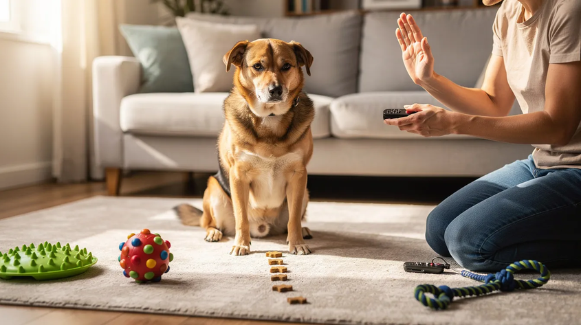 Best Impulse Control Games for Dogs: Expert Training Guide 2 A dog in a calm "down position" on the floor, attentively waiting for a treat held in an open hand. This scene illustrates essential impulse control games for dogs, showcasing the importance of self-control and patience during training sessions.