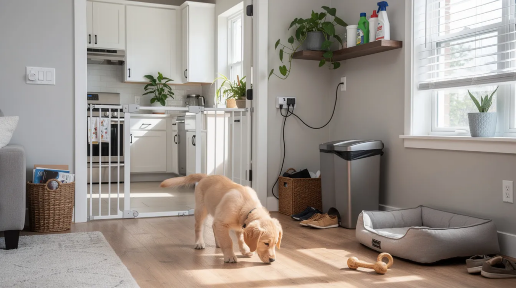 How to Puppy Proof Your Home: Complete Safety Guide for New Dog Owners 2 A cozy living room that has been thoughtfully puppy-proofed, featuring baby gates to block off areas, chew toys scattered on the floor, and cleaning supplies stored out of reach. The space is designed to ensure a safe environment for a new puppy, with potential hazards like electrical cords and small objects secured away to prevent destructive behavior.