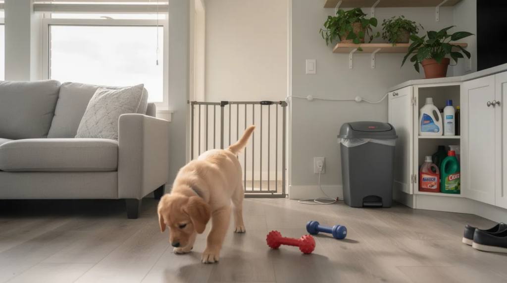How to Puppy Proof Your Home: Complete Safety Guide for New Dog Owners 1 A cozy living room designed for a new puppy, featuring baby gates to secure areas, chew toys scattered on the floor, an