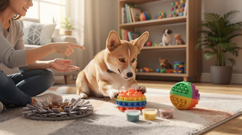 Mental Stimulation for Dogs: Complete Guide to Keeping Your Dog's Mind Active and Engaged 1 The image features a playful dog engaged with various interactive toys and puzzle games designed for mental stimulation. Surrounding the dog are scattered treats and hidden kibble, providing a fun and enriching environment that helps prevent boredom and encourages the dog to use its natural instincts.