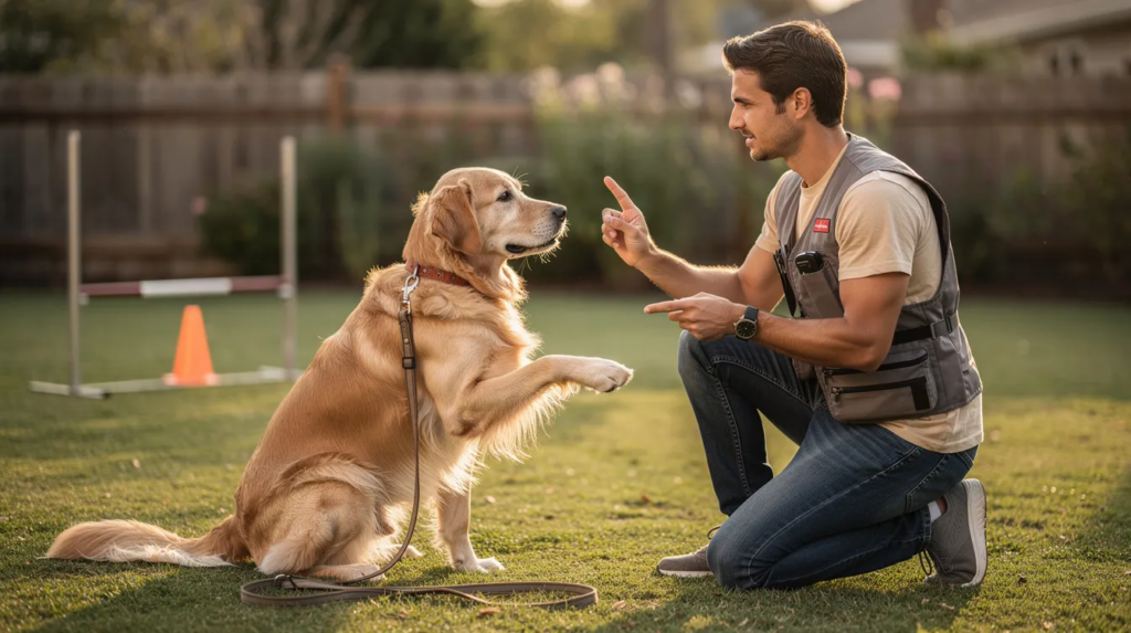 Can Old Dogs Learn New Tricks? A Complete Guide to Senior Dog Training 3 A young trainer is patiently teaching an older dog a few new tricks in a sunny outdoor setting, showcasing the idea that even senior dogs can learn and enjoy mental stimulation through training. The scene emphasizes the bond between the trainer and the mature canine, highlighting the joy of teaching older dogs new skills.