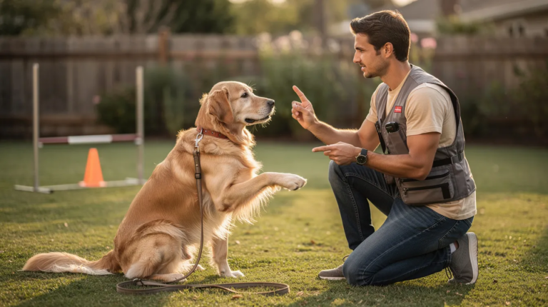 Home 45 A young trainer is patiently teaching an older dog a few new tricks in a sunny outdoor setting, showcasing the idea that even senior dogs can learn and enjoy mental stimulation through training. The scene emphasizes the bond between the trainer and the mature canine, highlighting the joy of teaching older dogs new skills.