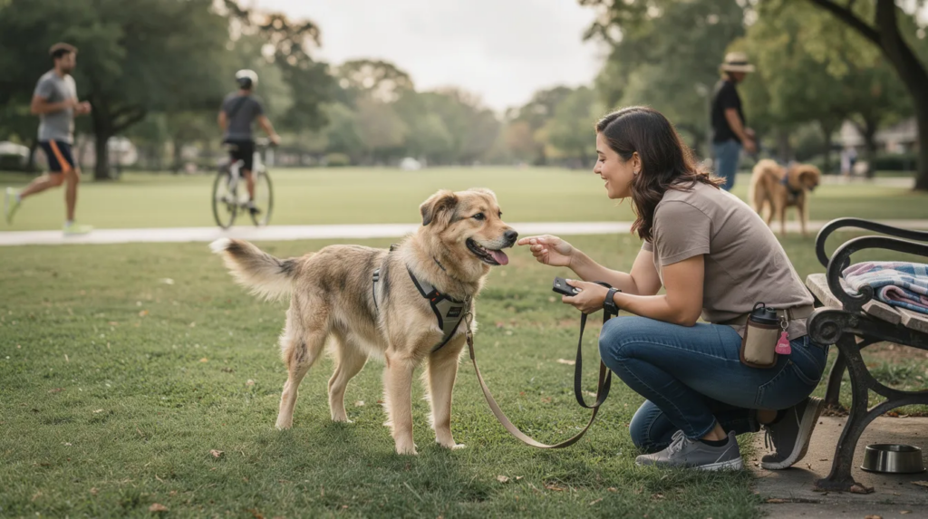 Trigger Stacking in Dogs: Understanding and Managing Canine Stress Overload 3 A serene dog park scene where a dog is calmly interacting with its owner while other dogs play in the background, illustrating effective management strategies to prevent trigger stacking in dogs. The environment is designed to minimize stressors, showcasing the importance of maintaining a calm atmosphere to reduce the dog's arousal levels and enhance behavioral responses.