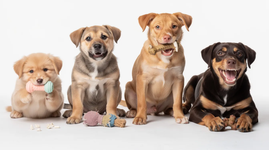 Puppy Teething Timeline: Complete Guide to Ages, Stages, and What to Expect 1 A playful teething puppy surrounded by an assortment of appropriate chew toys designed to soothe its sore gums during the teething process. The puppy's mouth shows a mix of baby teeth and emerging adult teeth, illustrating the typical dental development and the challenges of teething in young dogs.