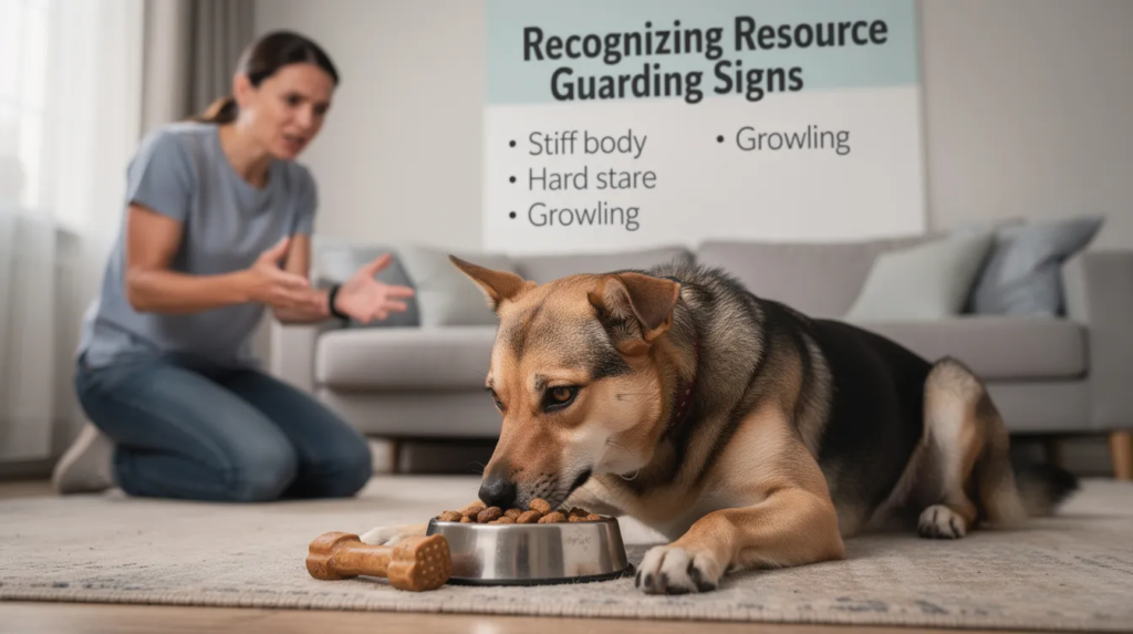 Resource Guarding in Dogs: Complete Training and Management Guide 2 The image depicts a dog at a park, showing signs of resource guarding as it stands protectively over its food bowl filled with tasty treats, while other dogs approach. The dog's body language indicates anxiety and aggression, such as growling, highlighting the importance of recognizing guarding behavior in dogs to ensure a safe and enjoyable environment for all animals involved.