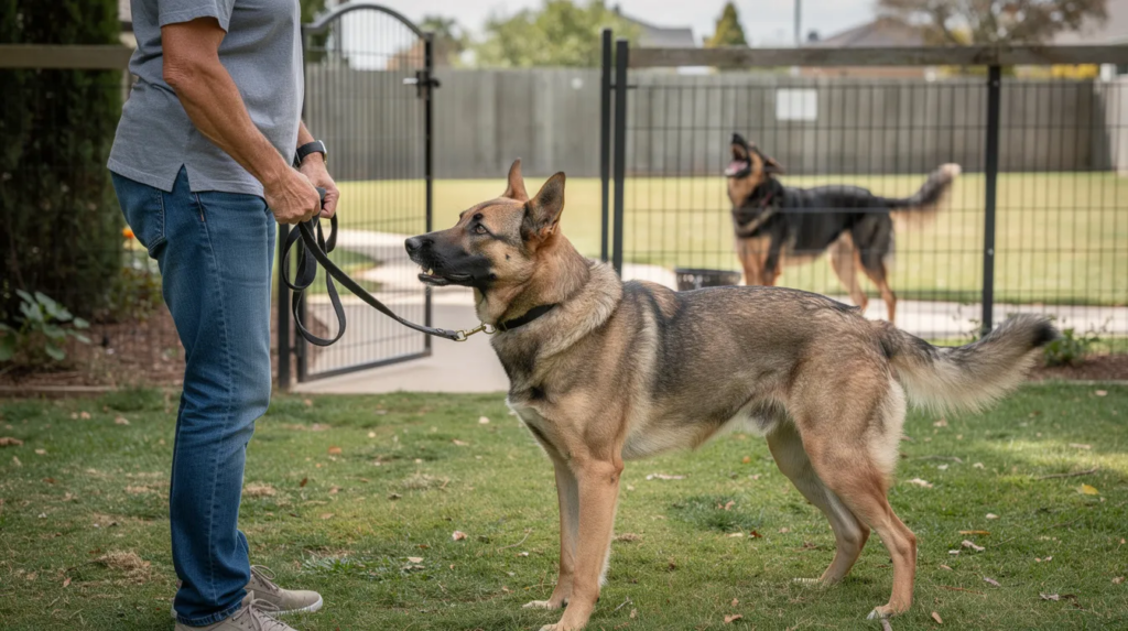 Redirected Aggression in Dogs: Understanding, Prevention, and Safe Management 3 A tense interaction between two dogs, illustrating the concept of redirected aggression. One dog displays aggressive body language, such as raised hackles and a stiff posture, while the other appears fearful, highlighting the warning signs of potential aggression and the need for safe response strategies in dog behavior management.