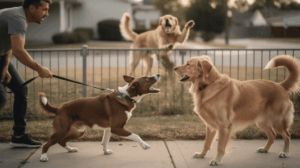 A tense scene between two dogs, showcasing signs of redirected aggression as one dog appears highly aroused and focused on the other, while displaying aggressive behaviors. The setting suggests a potential trigger, highlighting the complexities of canine aggression and the importance of understanding their body language in social interactions.