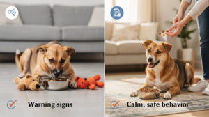 The image depicts a dog exhibiting resource guarding behavior over its food bowl, with its body language tense and alert, indicating a desire to protect its high-value treats from other dogs. In the background, a dog park setting is visible, highlighting the potential for interactions with other animals and the importance of training to manage guarding behaviors.