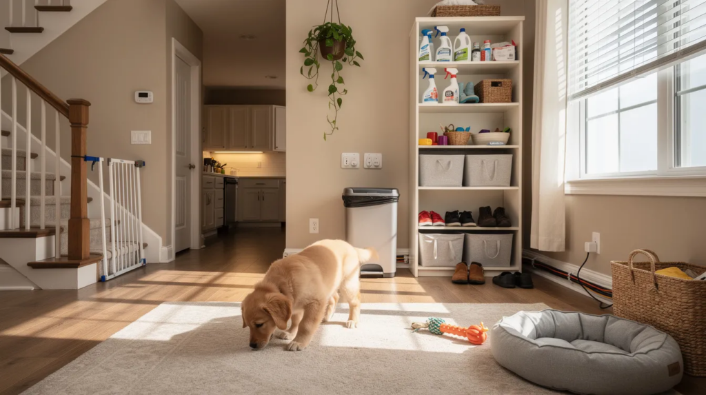 How to Puppy Proof Your Home: Complete Safety Guide for New Dog Owners 3 A cozy living room designed for a new puppy, featuring baby gates to secure areas, chew toys scattered on the floor, and a crate in the corner for safe space. There are also pet-friendly furniture arrangements and cleaning supplies neatly stored away, ensuring a puppy-proof environment free from potential hazards.
