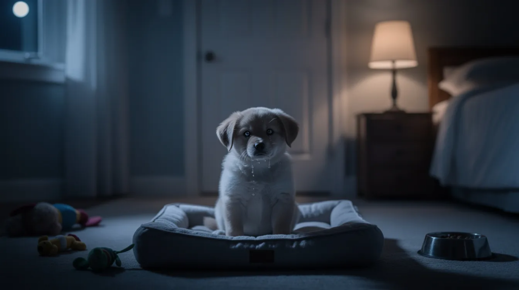Why Puppies Cry at Night: A Complete Guide to Peaceful Sleep 1 A young puppy is curled up in its cozy dog bed inside a crate, looking slightly distressed as it whines softly in the dim light of the room, reflecting the common experience of new puppy owners during the first few nights. The puppy's soft bedding and toys are nearby, creating a safe space in its new environment.